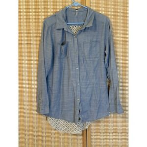 Free People Womens L Chambray Lace Button Up Shirt Boho Cottagecore Western Blue